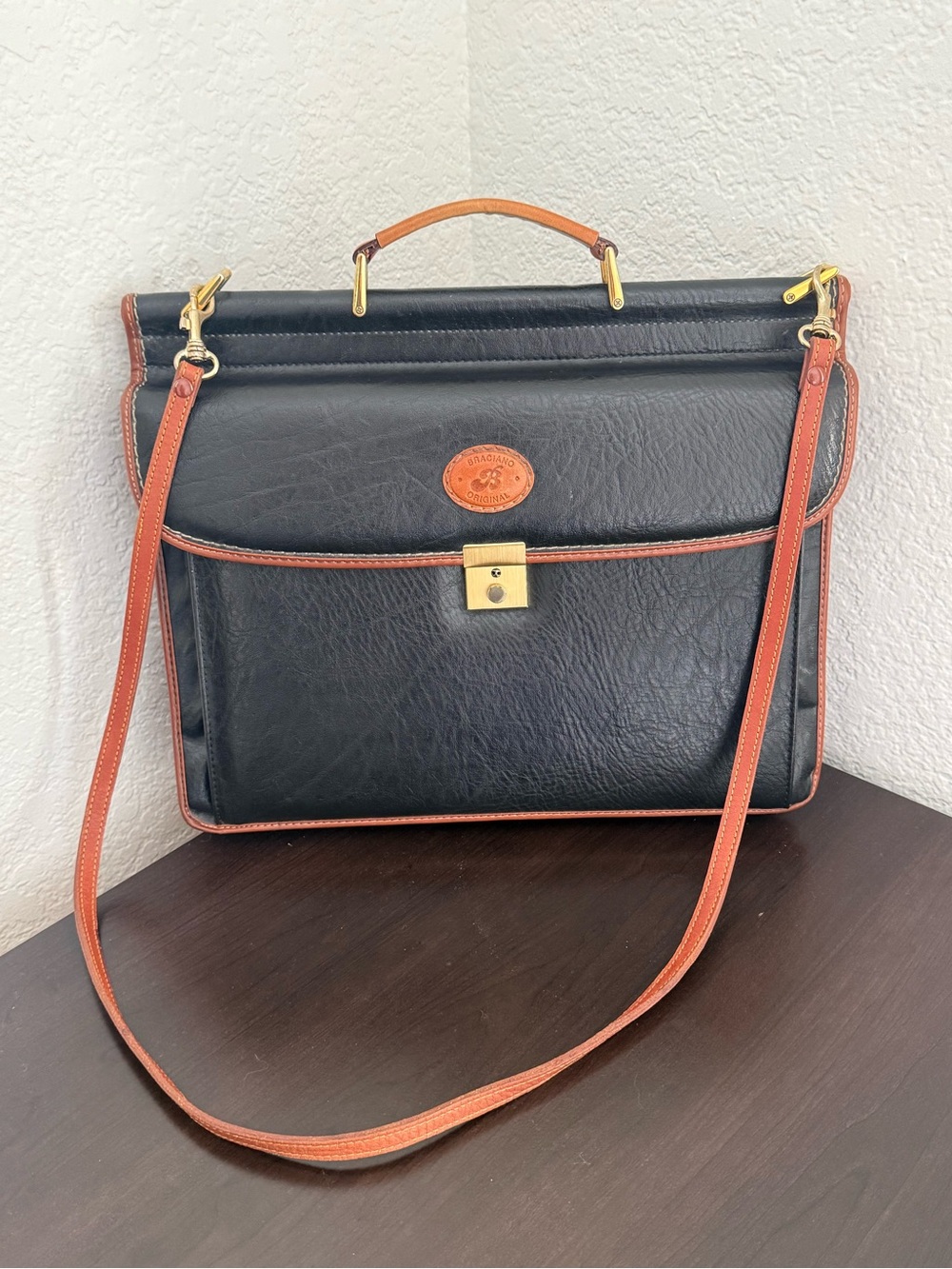 Vintage Braciano Original Leather Briefcase Black Brown Shoulder Bag w/ Key